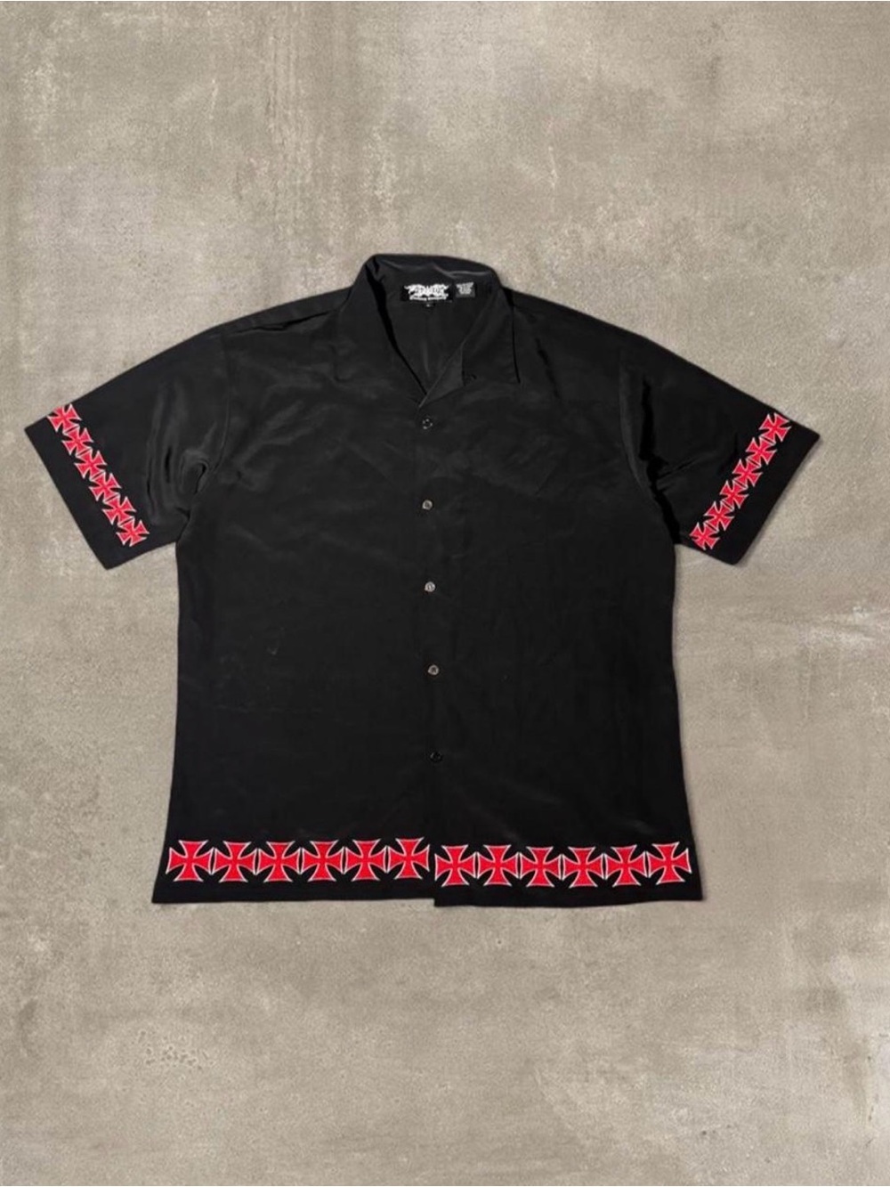 Black polyester button-up shirt with Red Cross